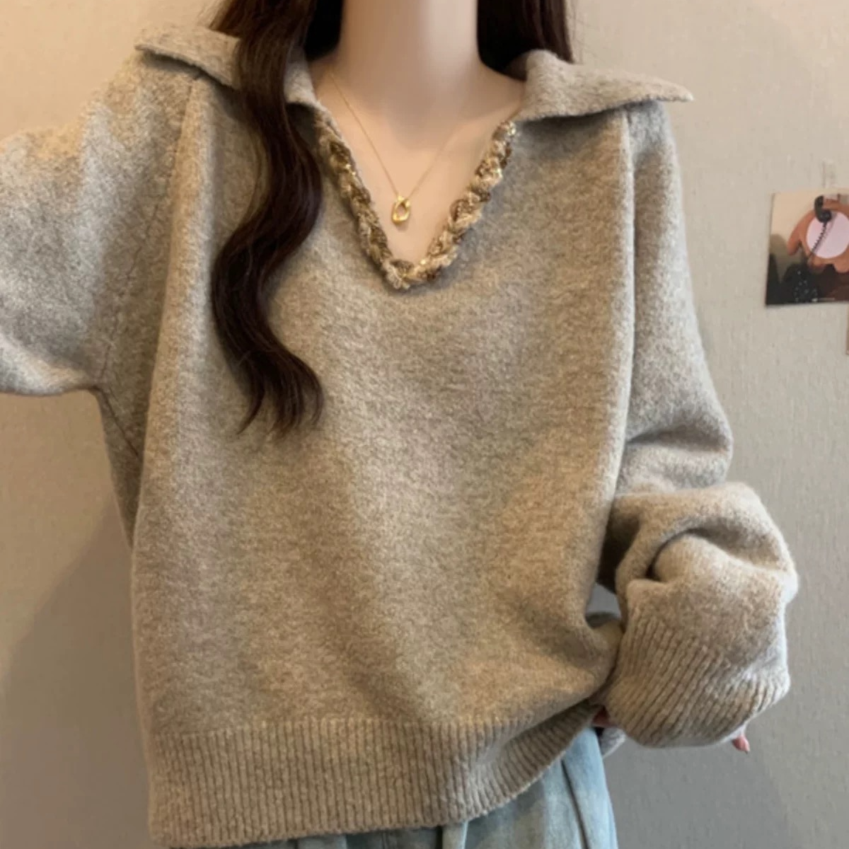 HSTYLE/韩都衣舍套头针织显瘦亮片慵懒毛衣春秋时尚内搭 80YS-4
