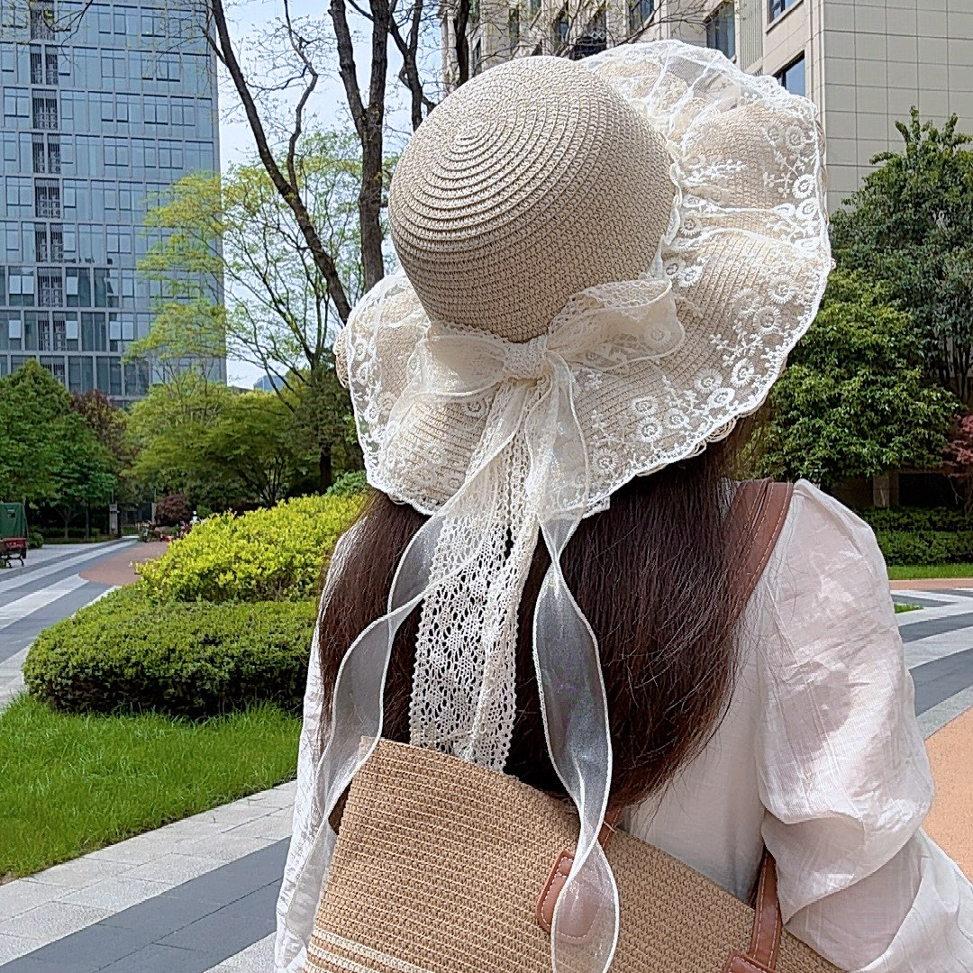 森系遮阳帽田园甜美洛丽塔草帽蕾丝蝴蝶结出游飘带防晒草编帽子