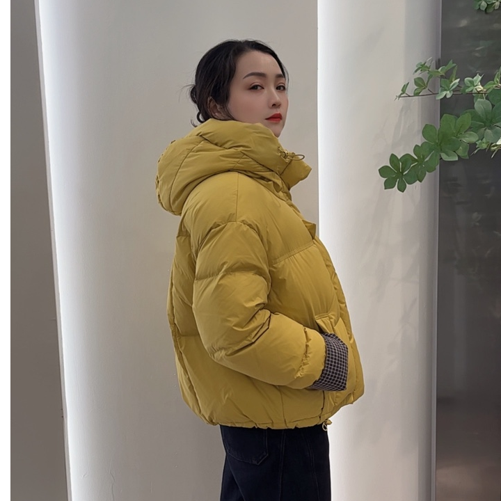 冬季连帽女格子拉链优等品宽松短款羽绒服休闲百搭加厚女士外套
