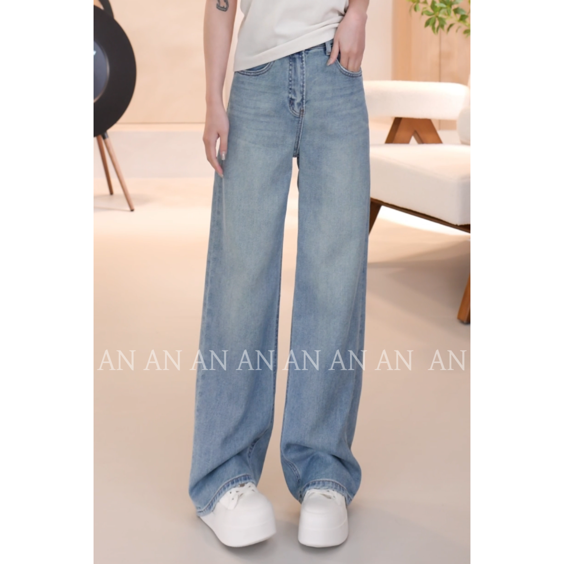 C02174新款洋气潮流个性垂感高腰字母后口袋撞色牛仔阔腿裤弯刀