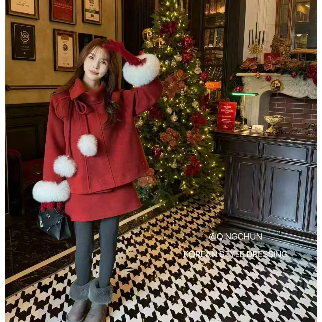 【25190】冬季新款女气质风毛呢外套+半身裙套装