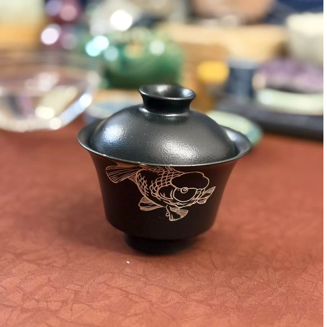 【手工手绘银鱼黑色盖碗】