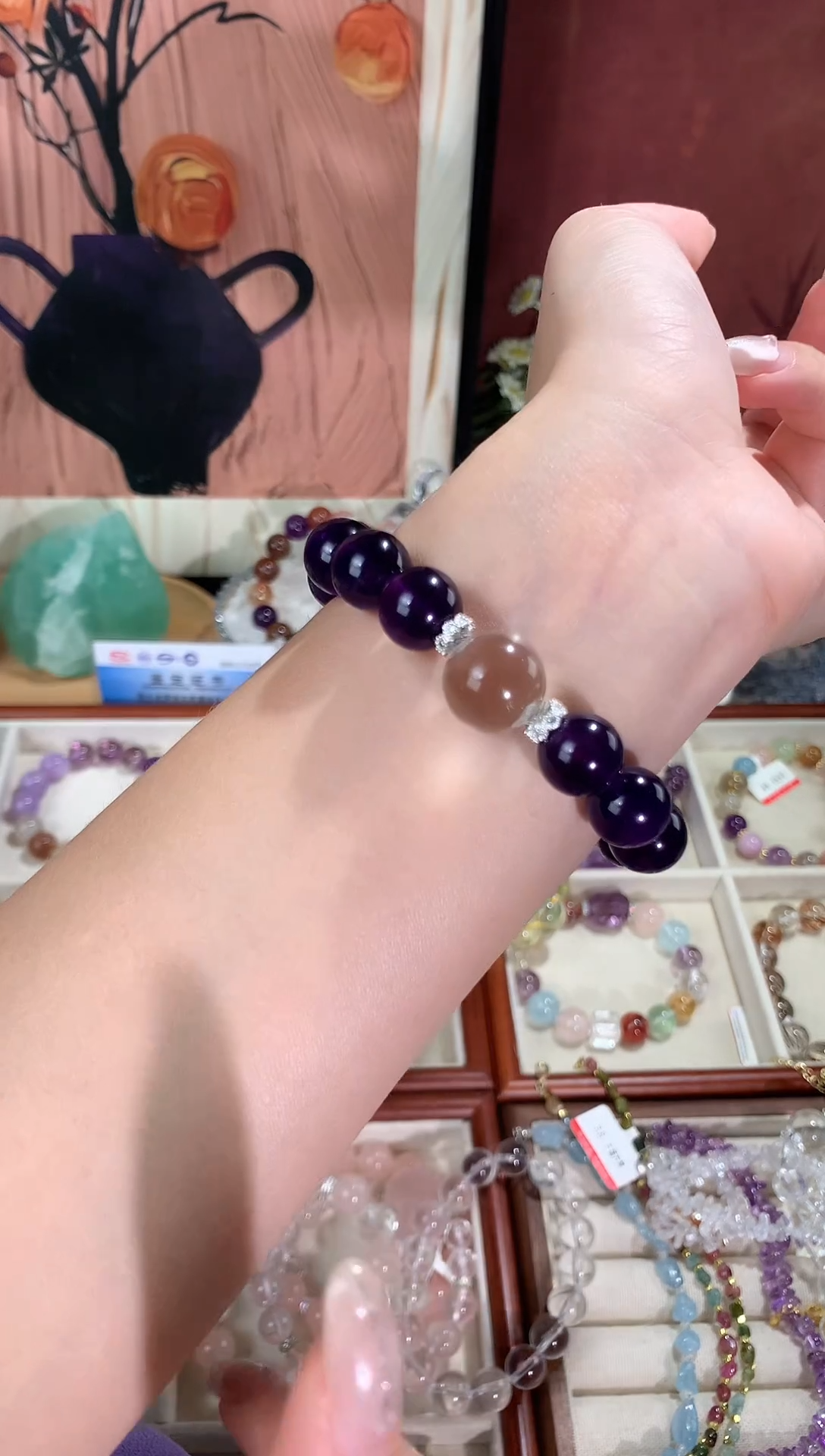 水晶手链未镶嵌天然牛鼻孔顶珠搭配乌拉圭紫水晶手串（多样性发一）