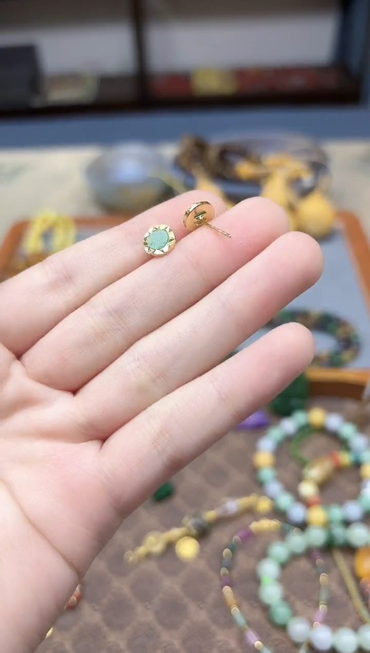 银S925镶嵌翡翠耳饰s925银翡翠圆牌耳钉YD