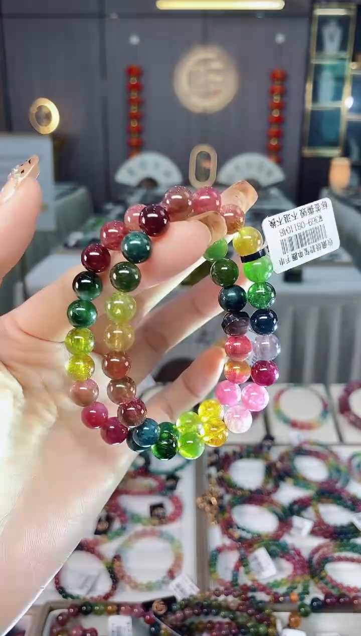 老矿碧玺色标彩虹冰体单圈手串8mm+未镶嵌碧玺dan多样性发货一条