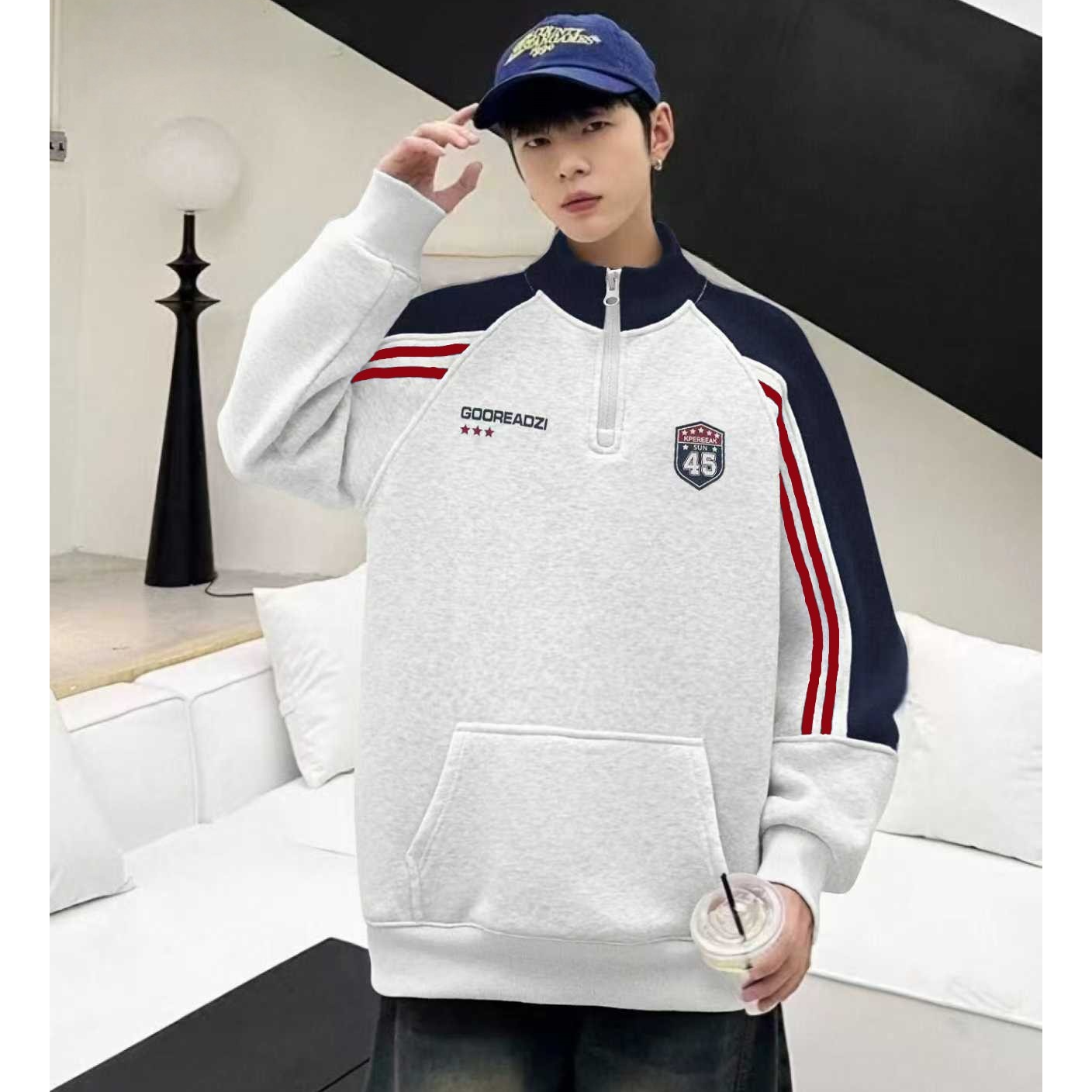 青少年秋冬加绒立领卫衣初中生套头潮酷上衣大童服装高中生服饰