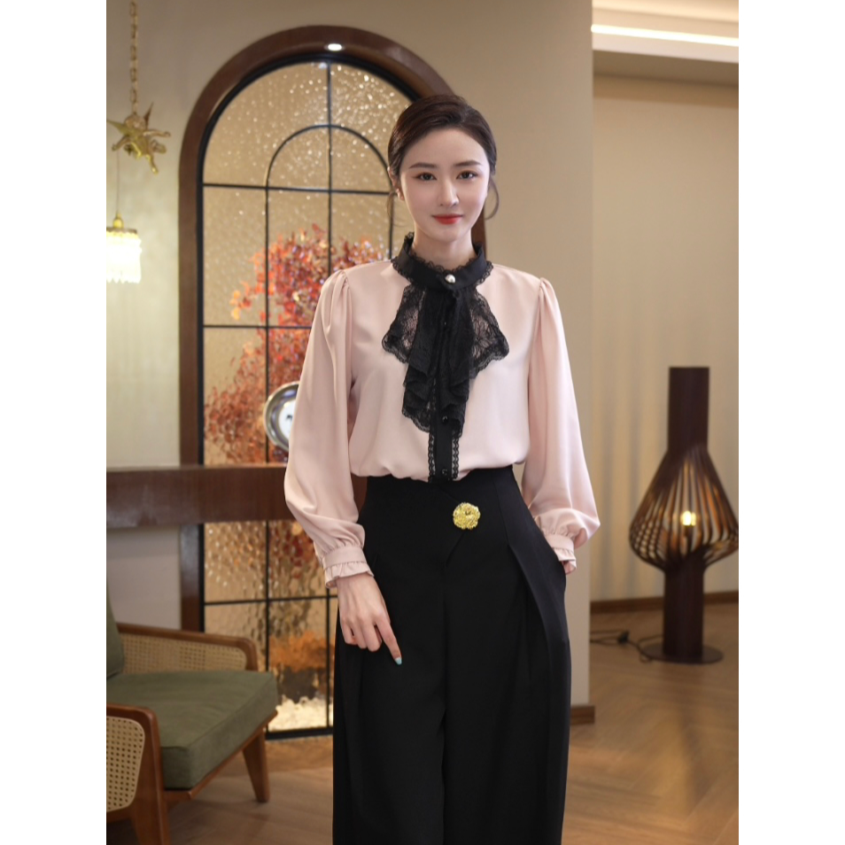 唐熹2025春秋季新款【6901】百搭气质高级感粉色圆领长袖衬衫上衣女