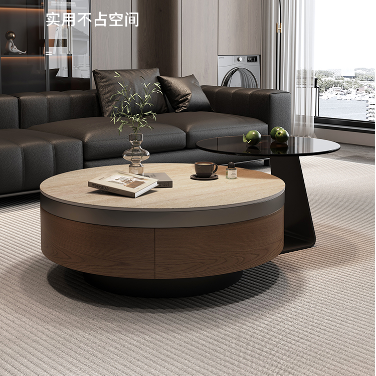 轻奢复古风洞石岩板茶几家用客厅高级胡桃木色柜体圆形茶几桌组合