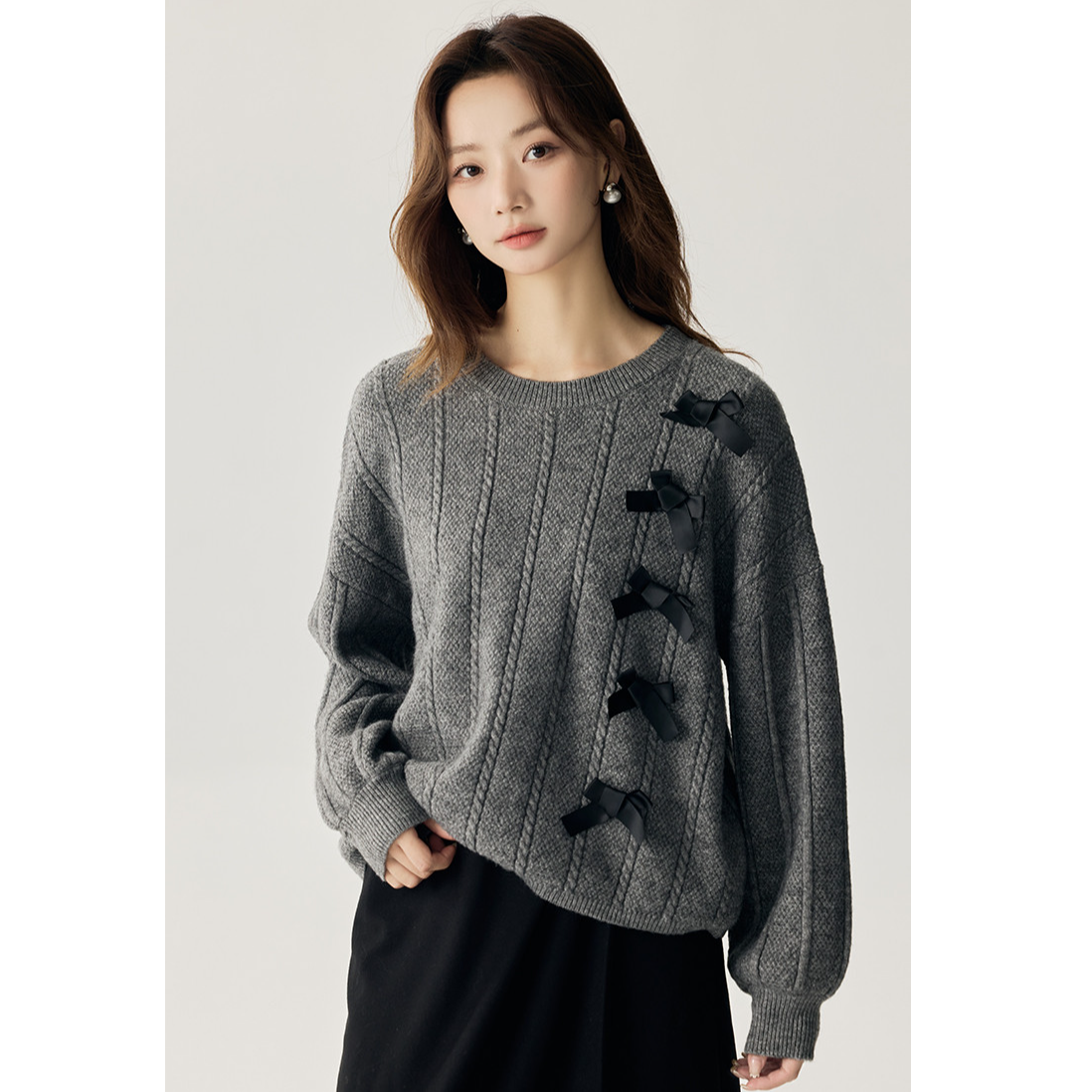 【欧若智性风】茵曼冬季安可拉红蝴蝶结套头毛衣保暖慵懒风针织上衣