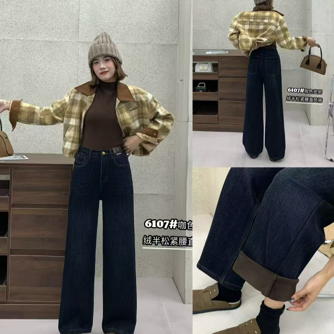 冬季新款牛仔裤女装密密绒棉裤直筒裤高腰显高显瘦6107爆款