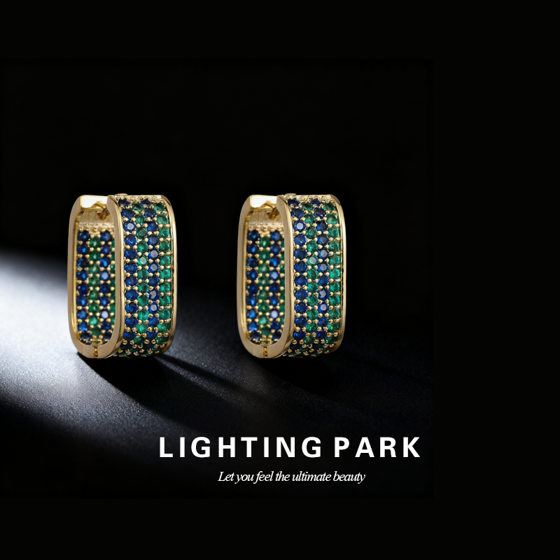 黄铜合成锆石耳饰 简约绿色满镶钻U形耳扣高级感轻奢耳环1122