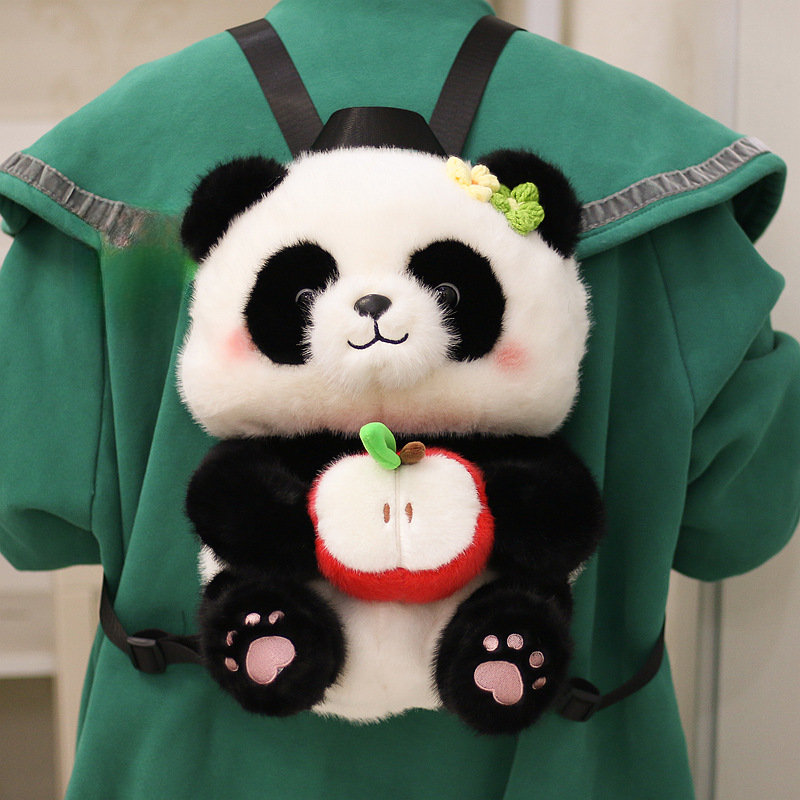 正版仿水貂毛花花熊猫双肩包背包抱发财苹果牛油果成都基地同款萌