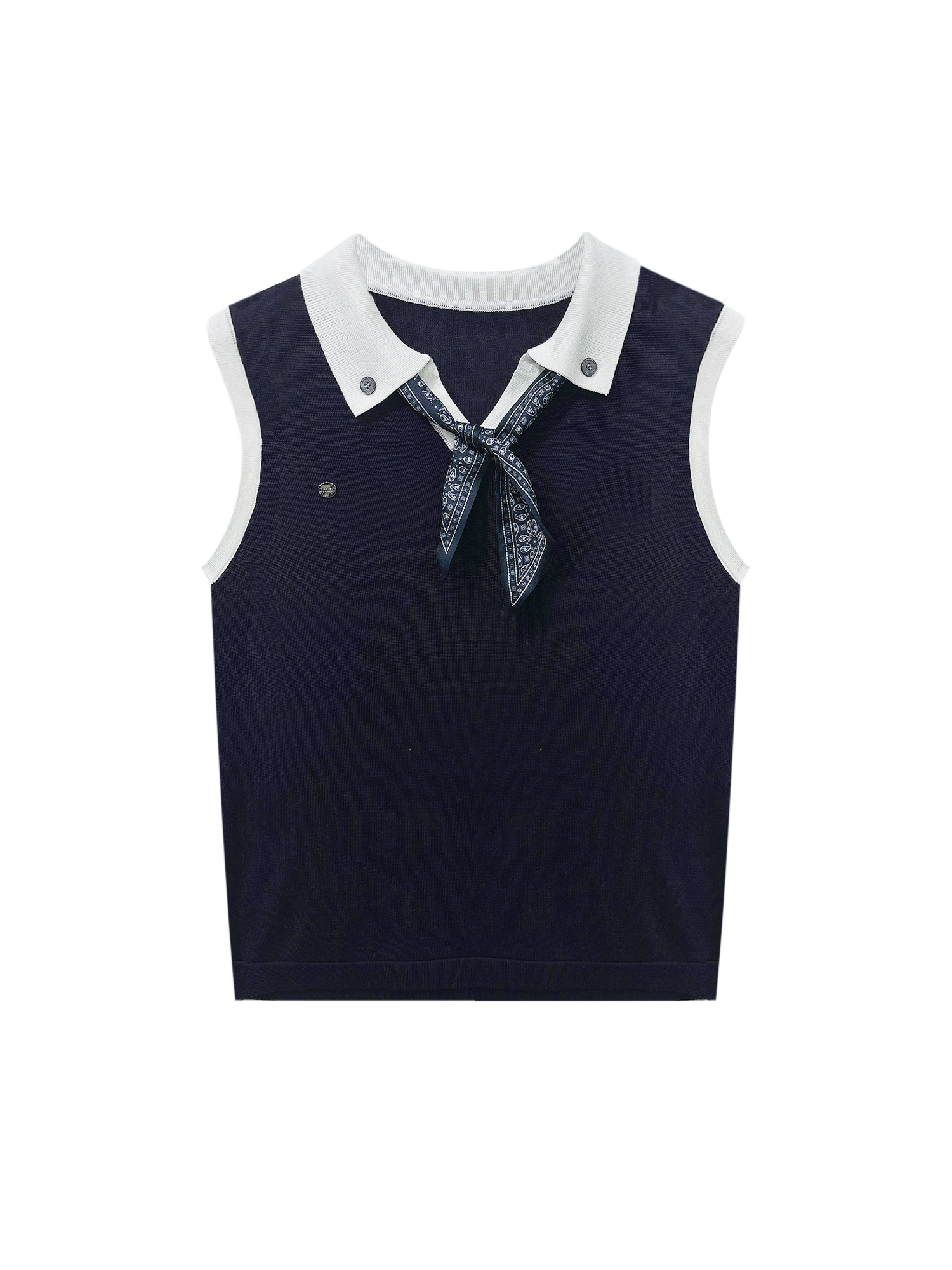 5609配丝巾撞色针织女夏季新款韩系洋气百搭宽松无袖上衣