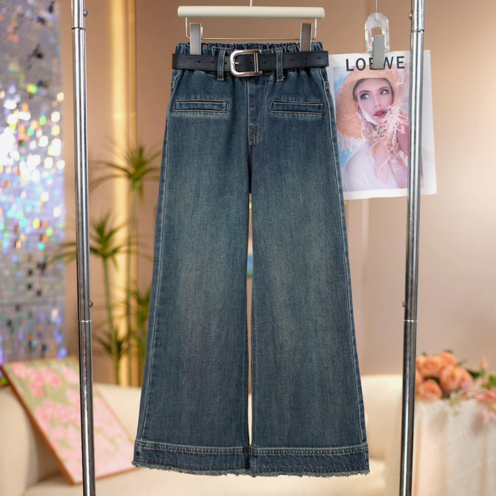 女童2025秋季新款一字口袋牛仔裤中大童时尚百搭儿童洋气直筒裤子