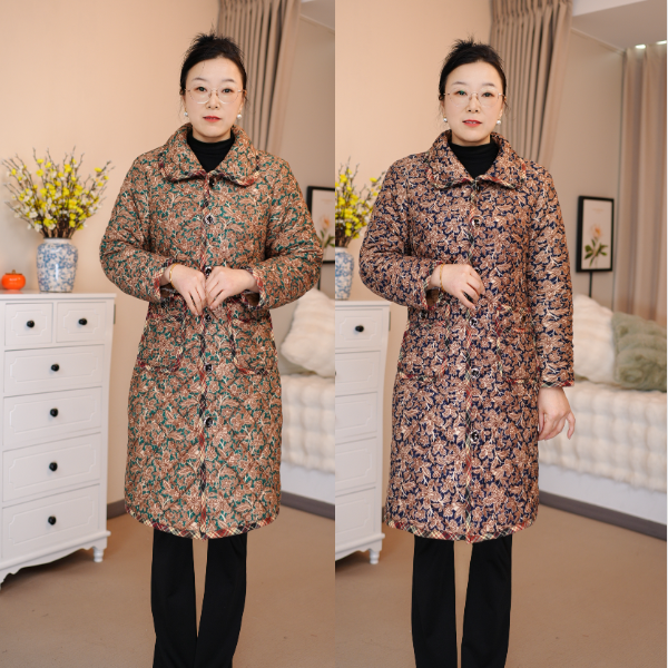 新款妈妈装冬季中长款保暖棉衣中老年碎花加绒加厚防寒棉服外套女