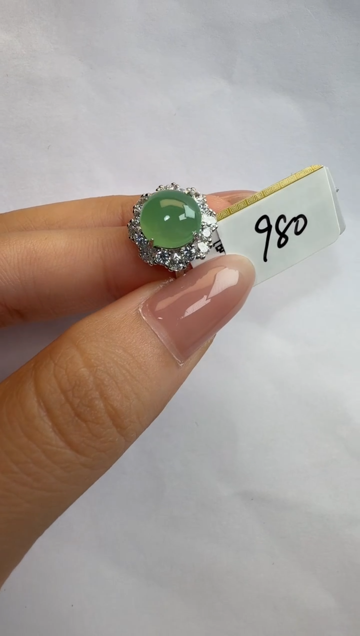 银S925镶嵌戒指翡翠通体925银镶缅甸A货翡翠戒指