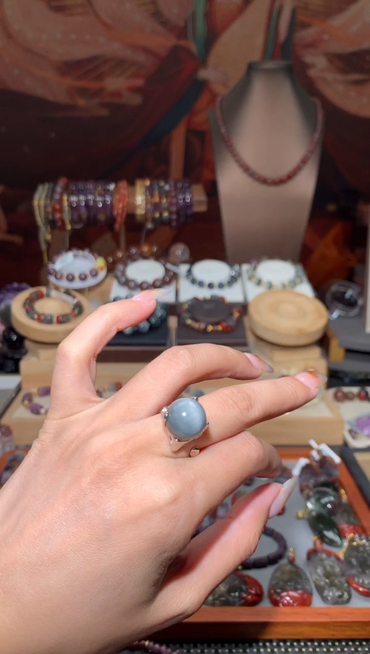 未镶嵌珠宝半成品水晶蓝灰兔毛戒指