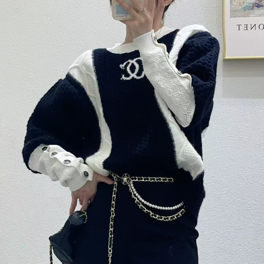 99新 Chanel/香奈儿 36码21A城堡系列黑白拼色双C提花针织上衣