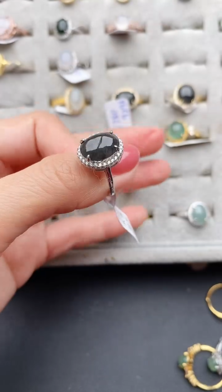 【闪购商品】翡翠戒指银S925镶嵌缅甸天然翡翠444   5-7