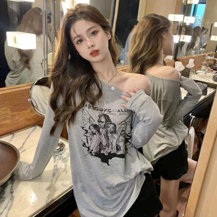 斜肩宽松圆领长袖美式印花甜辣上衣女2025新款学生夏秋t恤ins