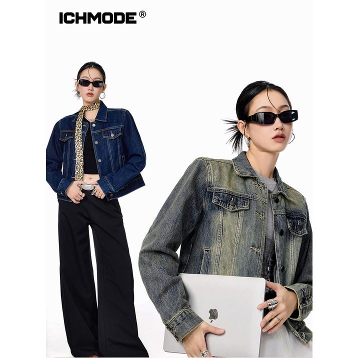 ICH MODE美式复古短款牛仔外套女夹克
