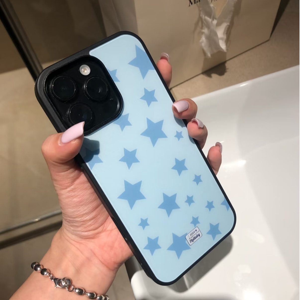 碳纤维黑边玻璃蓝底星星适用苹果16pro/iPhone15p/14手机壳13防摔