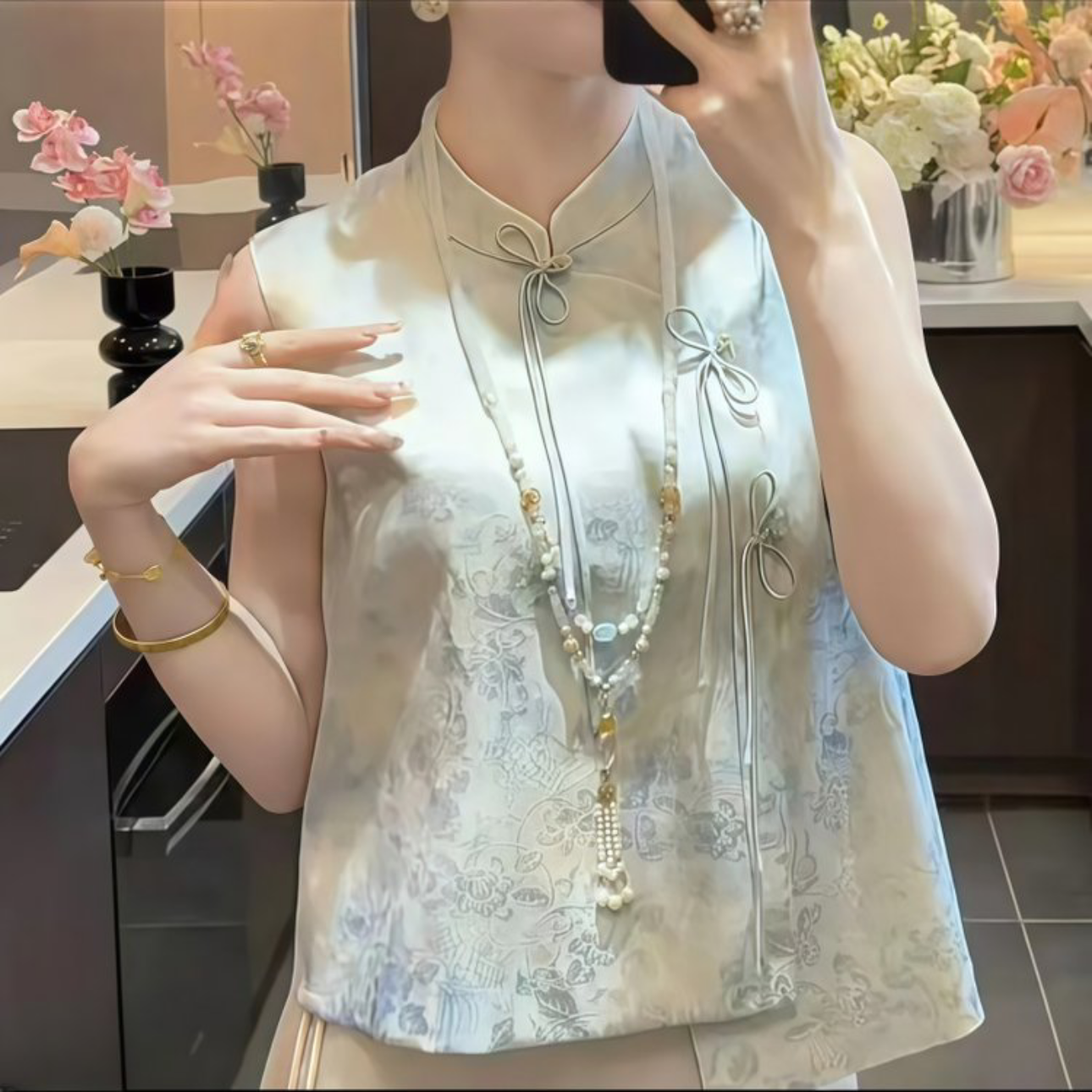 提花立领碎花斜襟薄款上衣重工轻奢短款气质新中式流苏短袖温婉