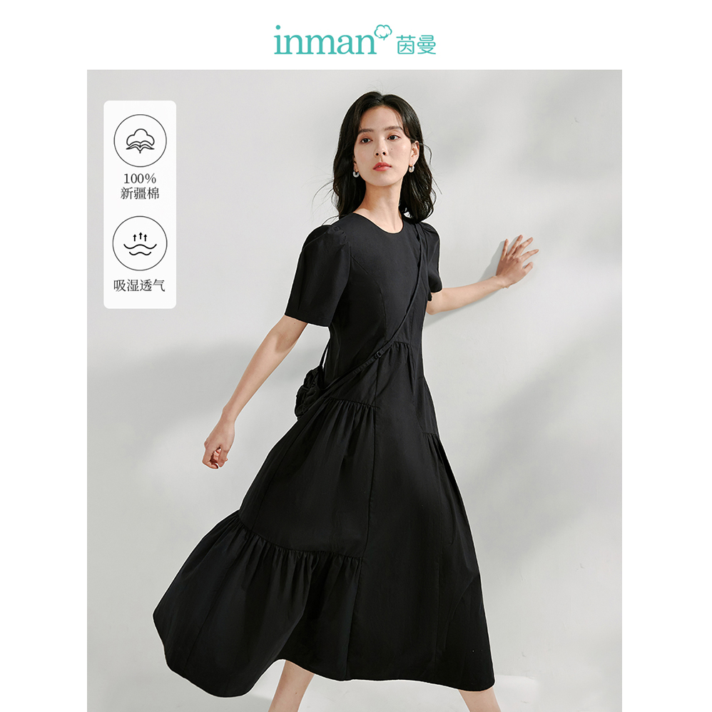 茵曼夏季连衣裙显瘦休闲收腰裙子气质长裙收腰裙子黑色a字连衣裙