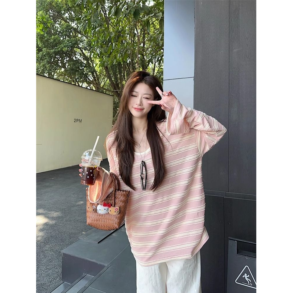 秋季新款条纹罩衫松弛感t恤女慵懒撞色休闲长袖上衣