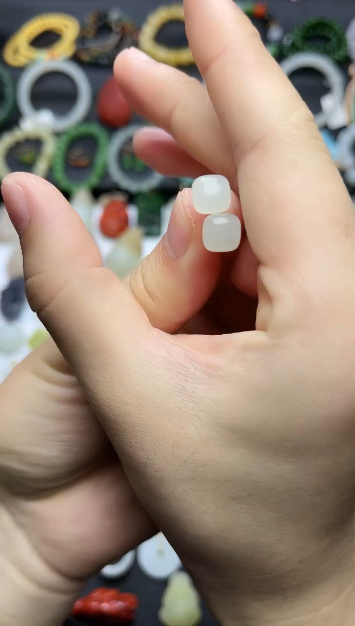 银S925镶嵌和田玉耳饰方糖耳钉06