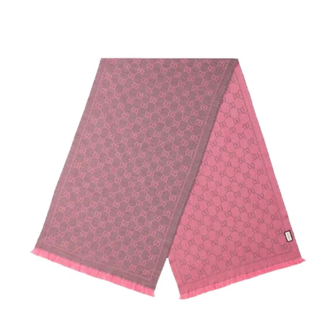 全新未使用 GUCCI古驰  双G提花流苏 绒线围巾  灰粉色  情侣款