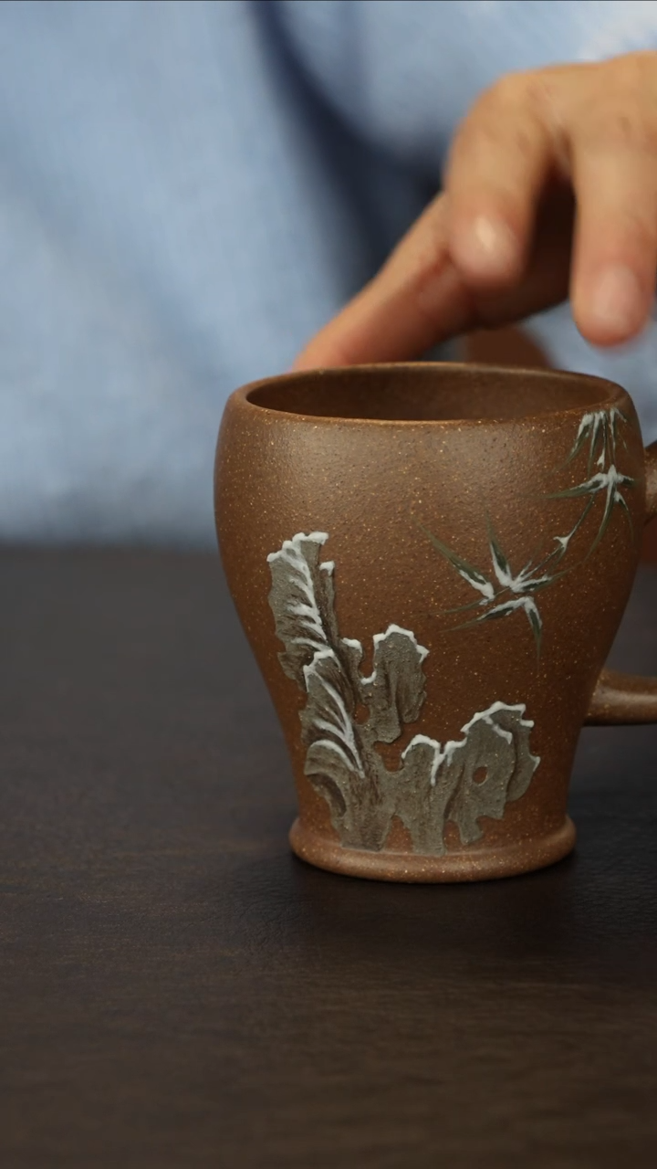 【闪购商品】紫砂茶杯直播福利气窑泥绘雪竹把杯