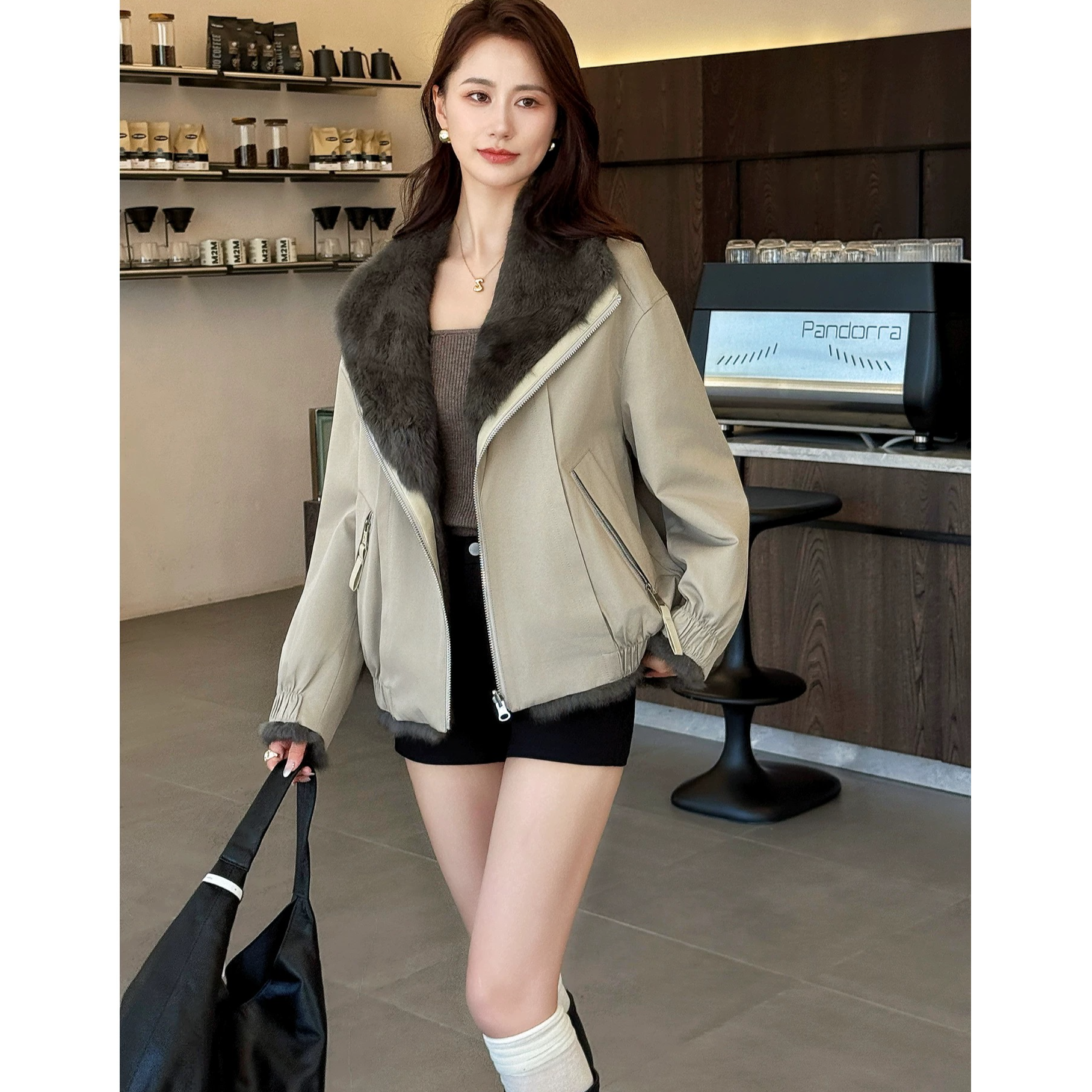 冬季兔毛收口袖翻领梭织防风加厚女士百搭韩版休闲宽松外套