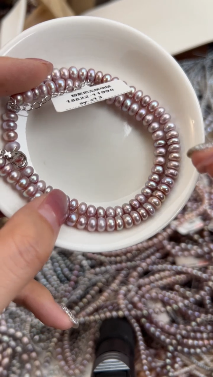 未镶嵌60淡水珍珠粉紫色无核*强光珍珠项链（6mm左右）
