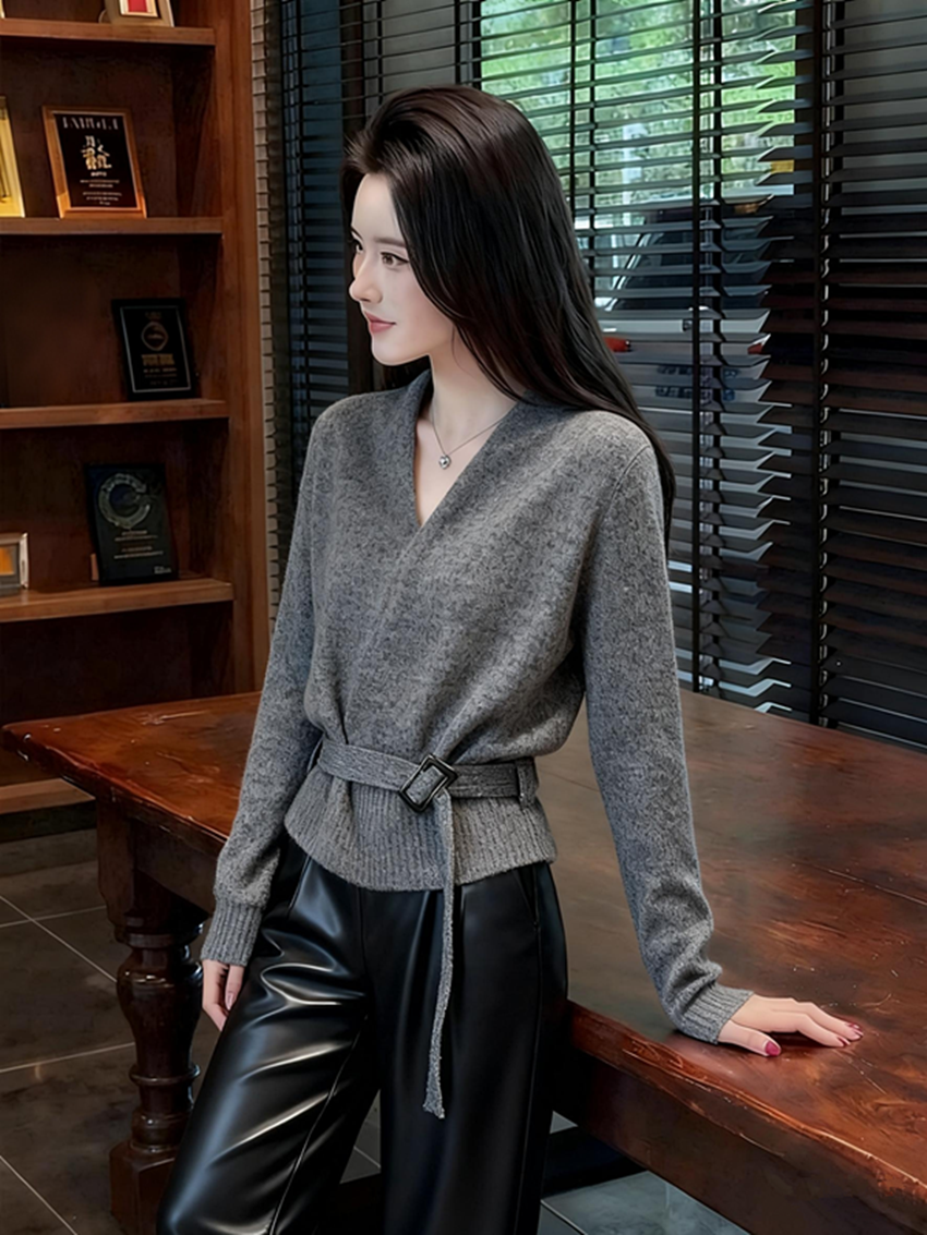 法式慵懒风复古系带收腰长袖针织毛衣女秋冬新款百搭显瘦毛衣上衣