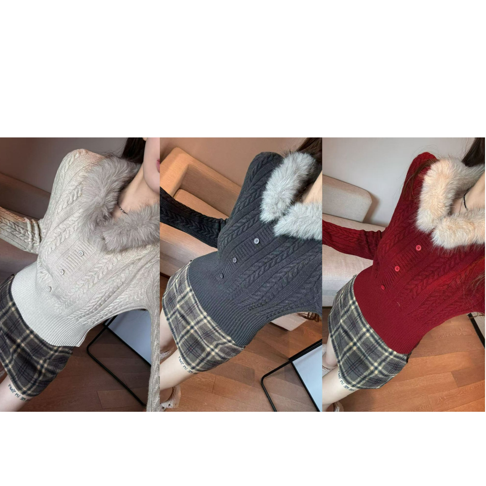 米娜家【英式千金】泡菜订制红色毛毛围脖针织毛衣