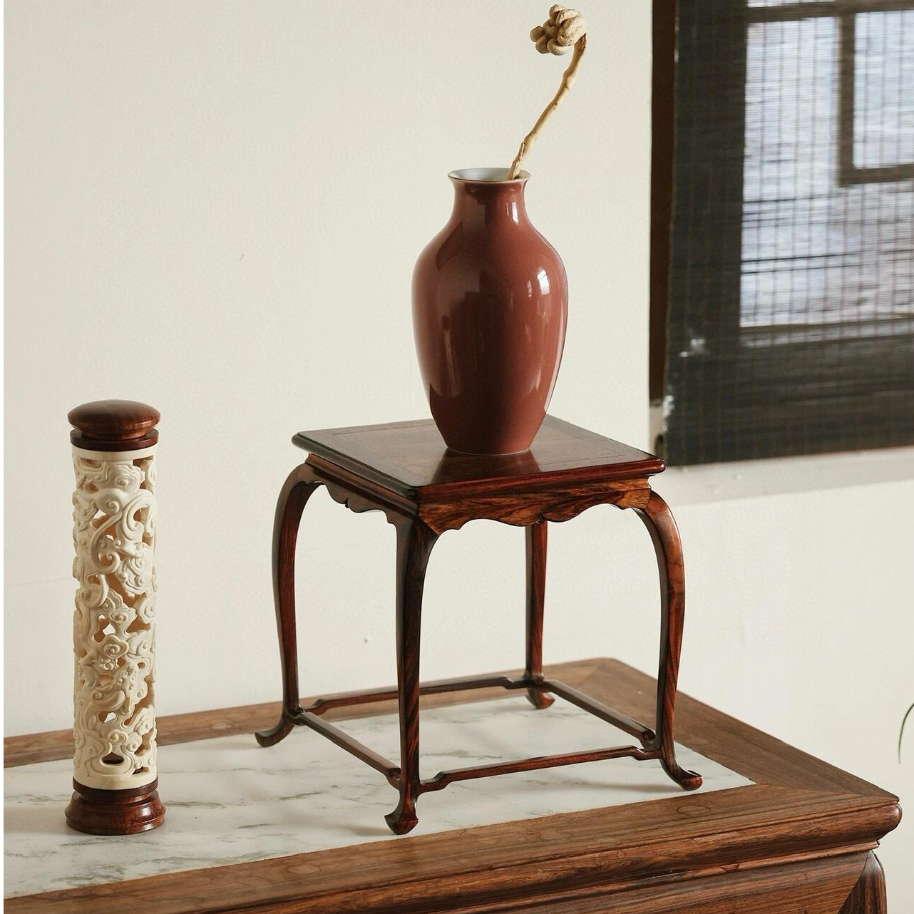 (案上雅器）大红酸枝精工宋式花几花架案上雅器瓷器底座