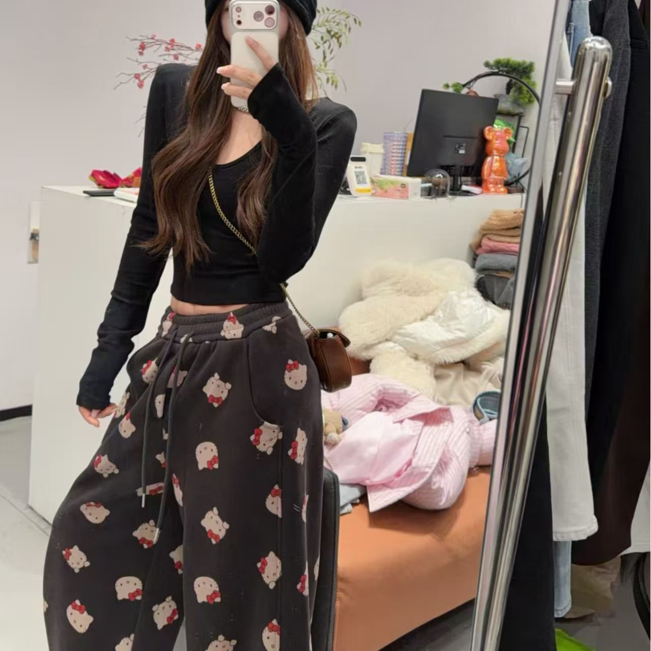 秋冬新款卡通印花KT猫加绒加厚松紧休闲阔腿裤女