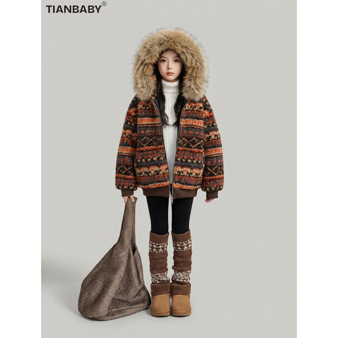 甜野家【毛绒积木】女童舒适保暖费尔岛大毛领棉服2025冬季中大童