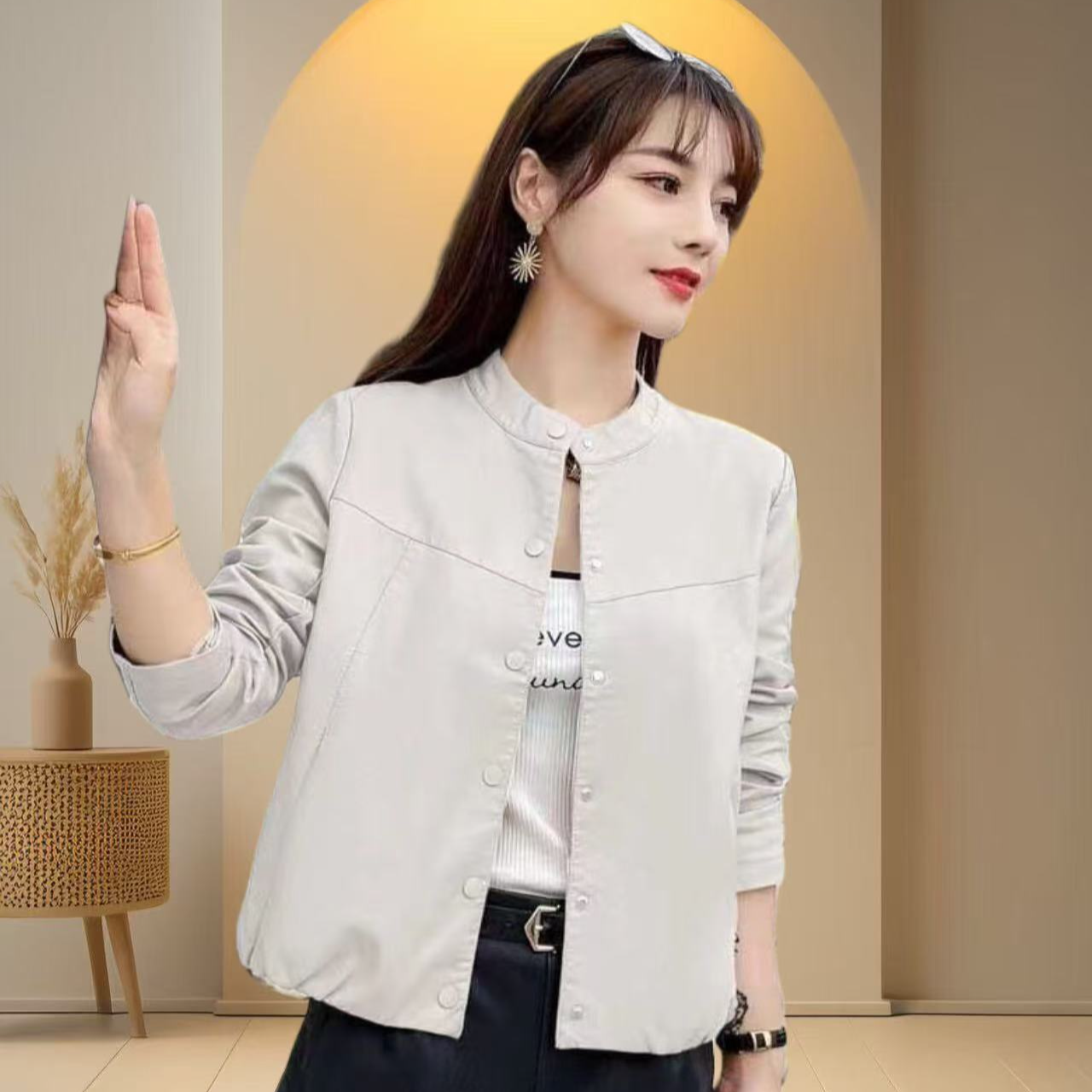 【单里衬】海宁正品2025春秋新款时尚休闲圆领气质皮衣外套女