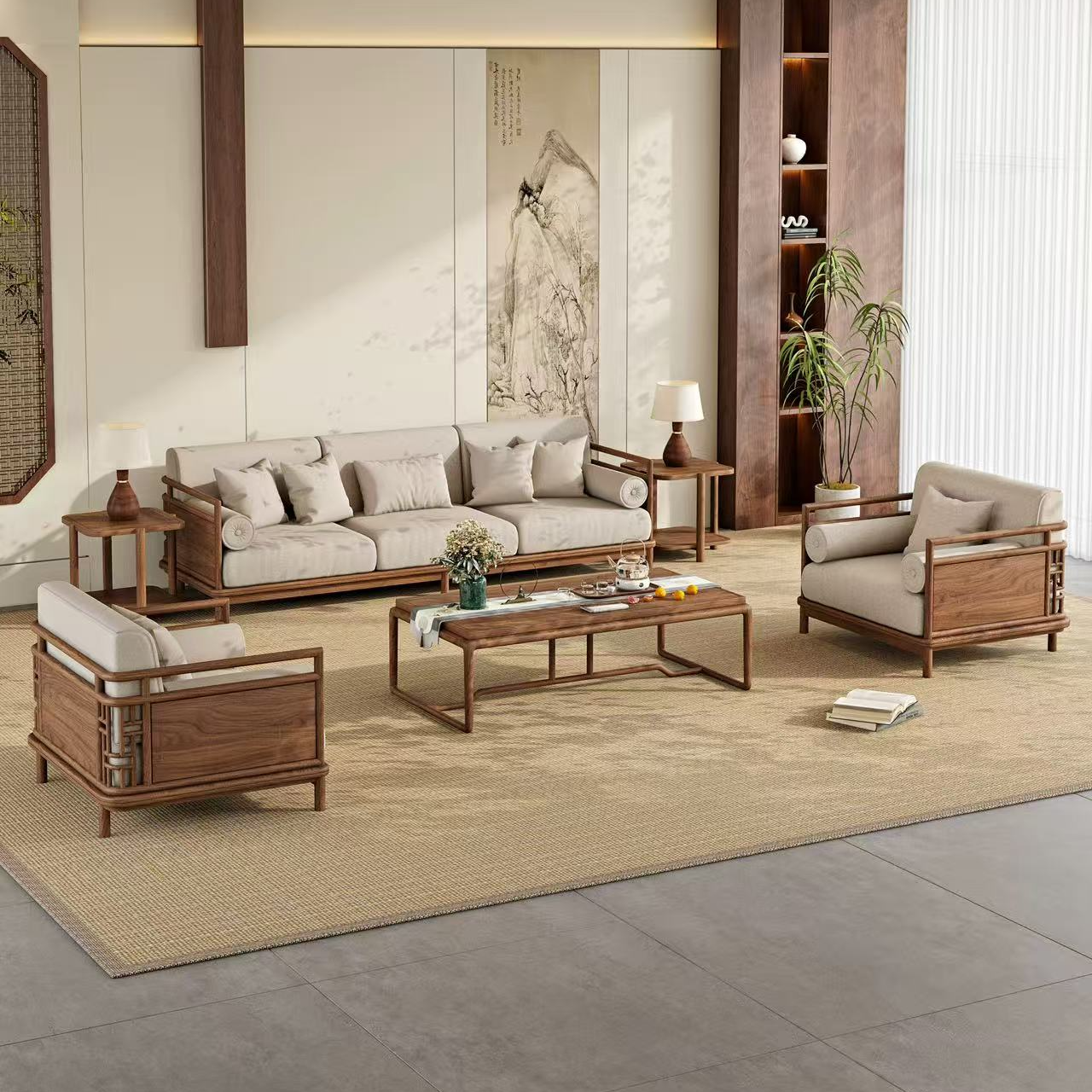 新中式实木沙发组合黑胡桃木办公室宋氏美学简约别墅客厅布艺沙发