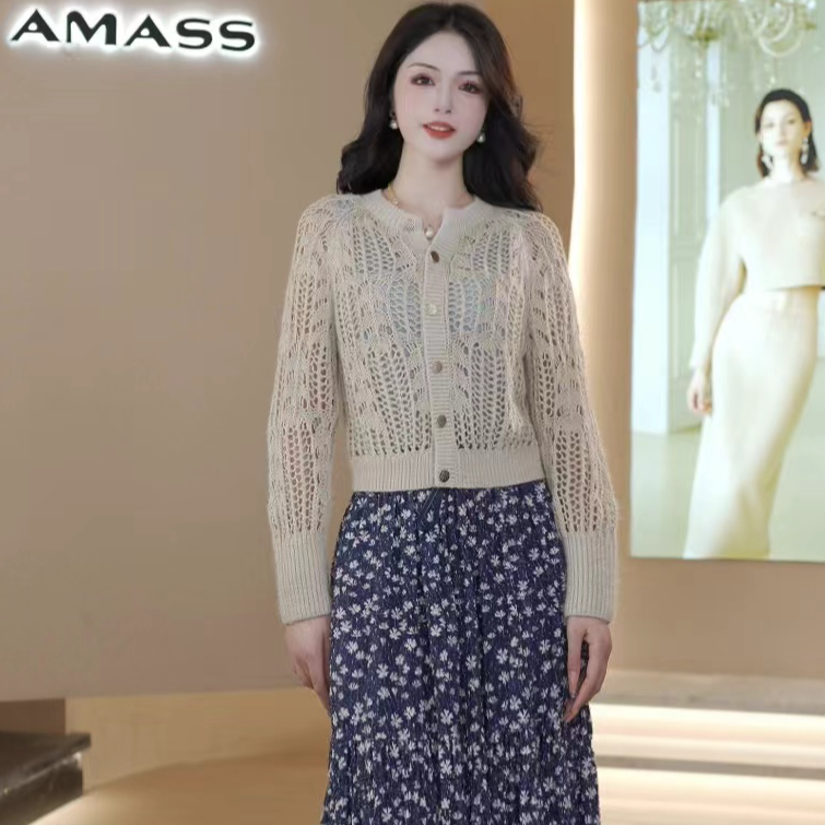 AMASS/阿玛施新款气质百搭镂空简约纯色圆领针织开衫女5499244