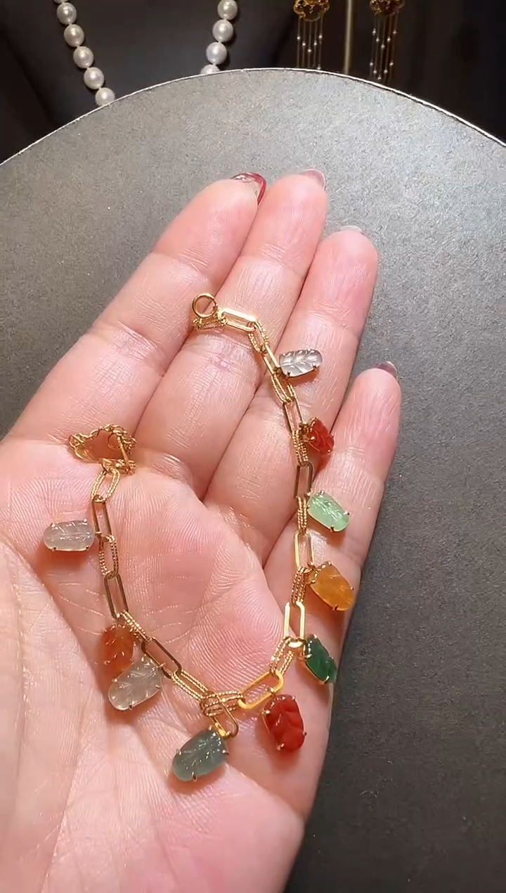 【闪购商品】翡翠手链18K金镶嵌翡翠叶子手链