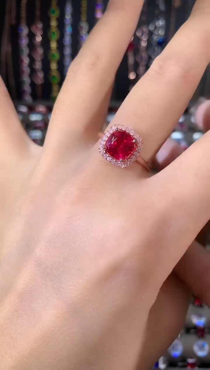 银S925镶嵌戒指红宝石玫瑰金7