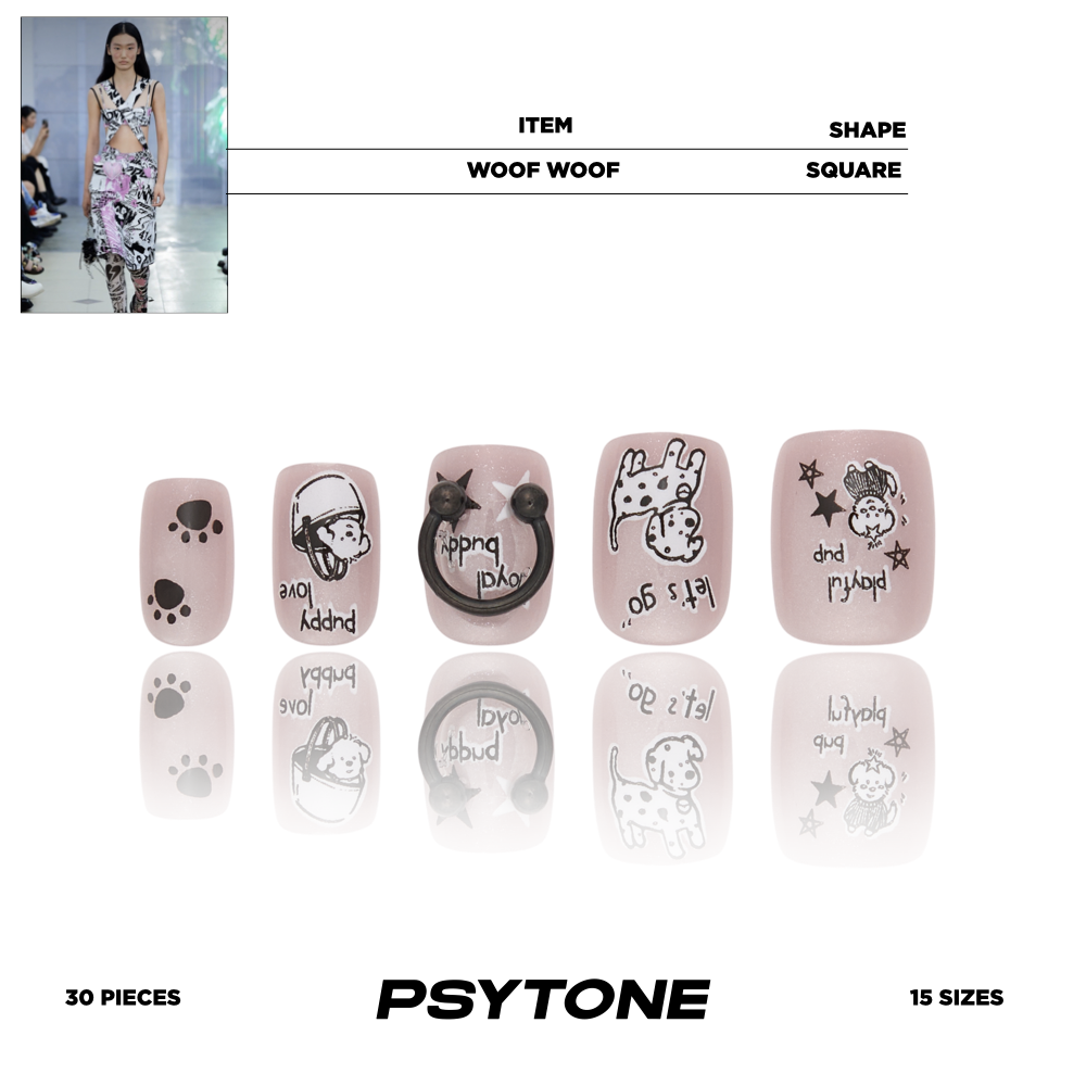 幻调汪汪汪woofwoof|复古短方手工白色穿戴甲ins磨砂指甲贴卡通