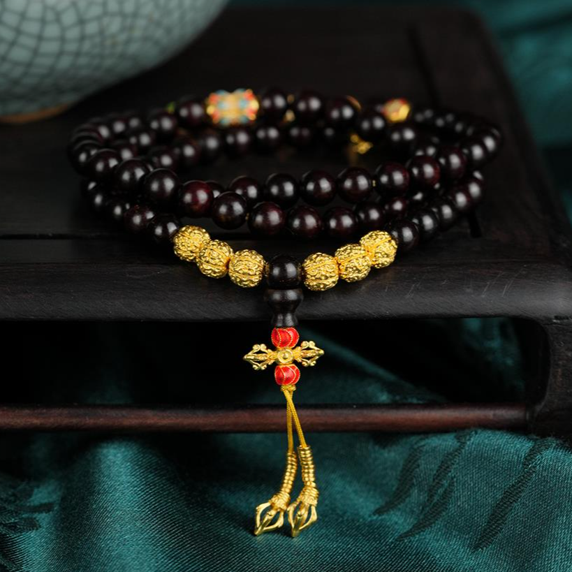 ZOCAI/佐卡伊【传世之美】古法黄金足金999新款小叶紫檀转运珠手串