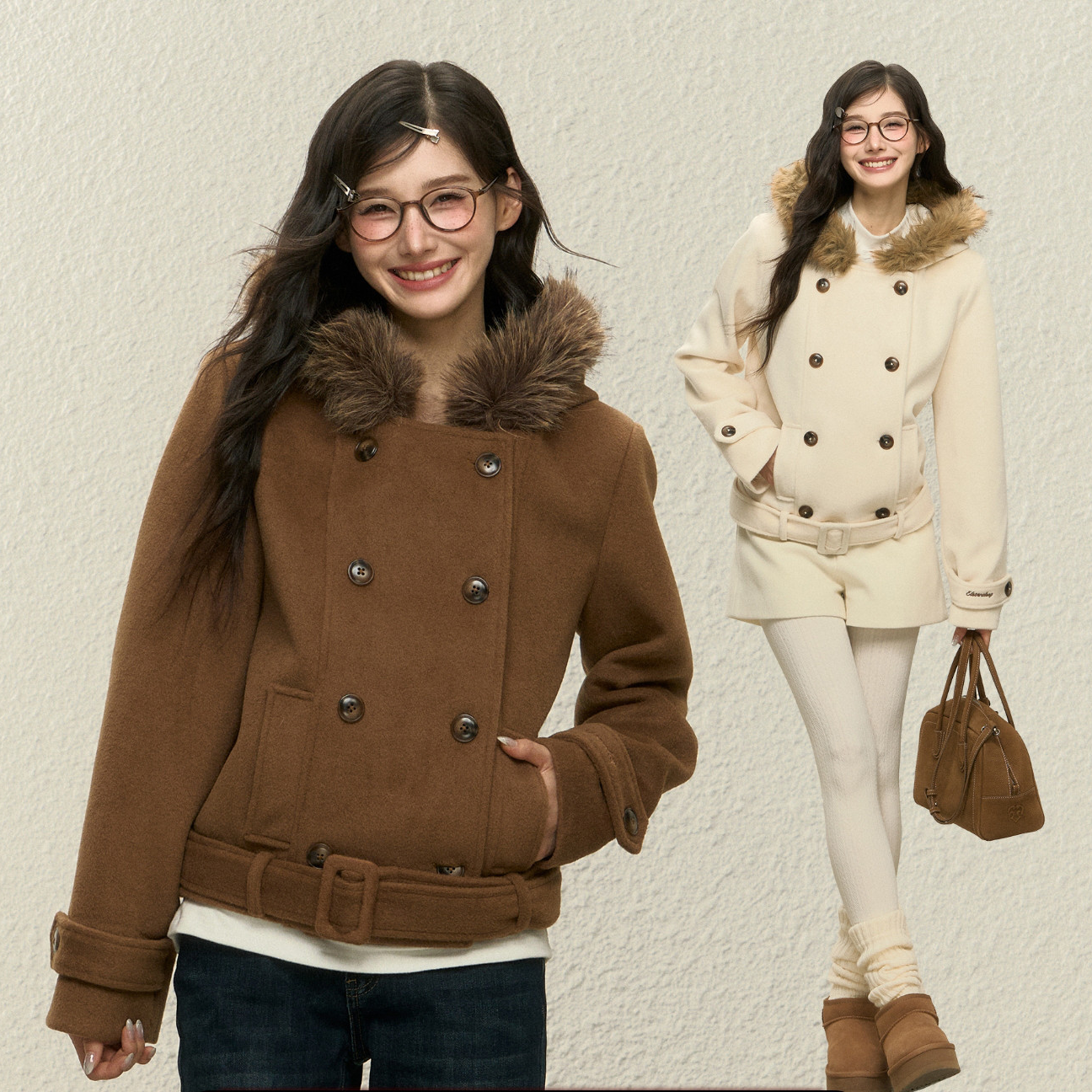 ELEVEN SLEEP秋冬毛领毛呢子大衣韩系连帽高级感加厚女士外套上衣