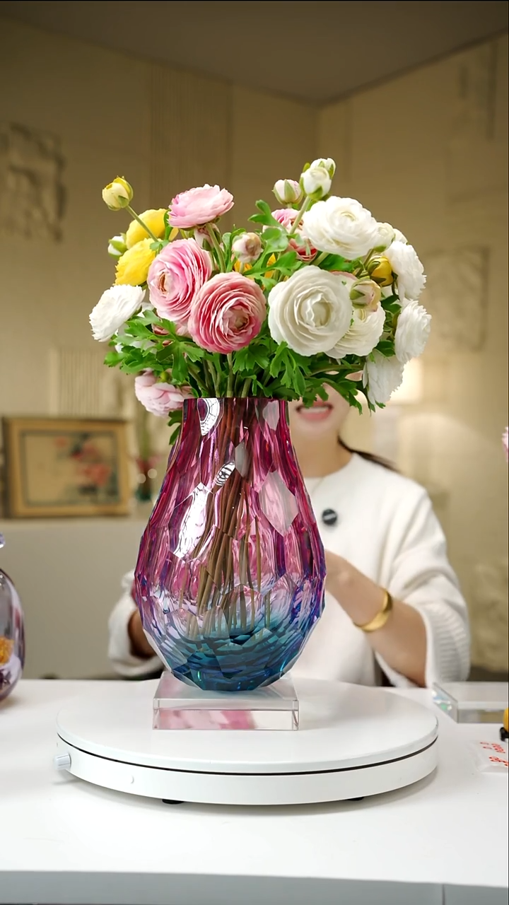 手工艺品琉璃金红绿凹面设计款水滴瓶花器+金红肌理纹杯子