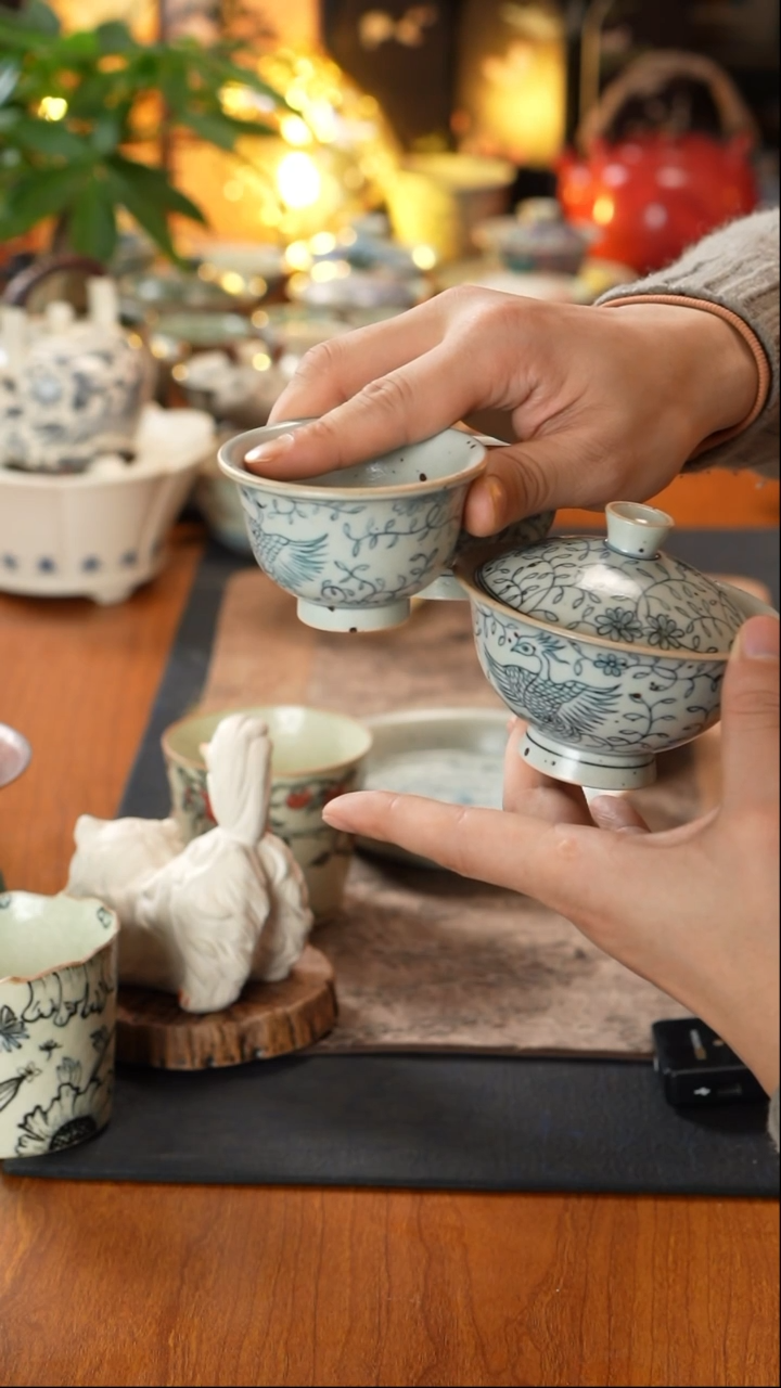 【闪购商品】寒芦窑青花凤凰压手主人杯2加盖碗