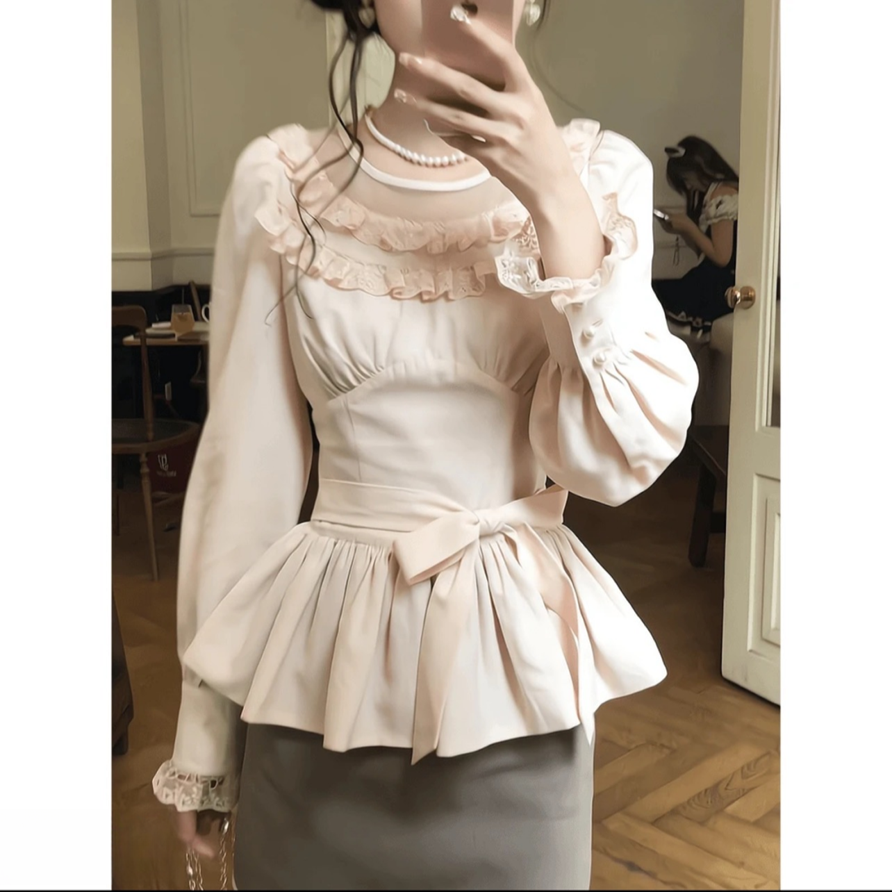 法式高级设计感蕾丝拼接蝴蝶结上衣女2025秋季新款高级感气质短裙